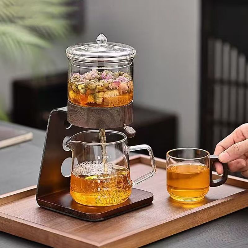 Magnetic Gravity Glass Teapot Set, Manual Drip Coffee & Tea Brewer with Wooden Stand, Borosilicate Glass Tea Separation Pot