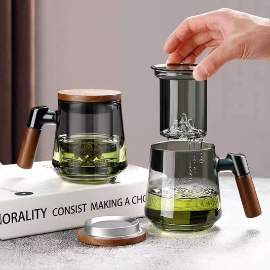 Smoky Gray Glass Tea Mug with Wooden Handle, Borosilicate Glass Tea Infuser Cup with Lid & Coaster, Heat-Resistant Loose Leaf Tea Cup