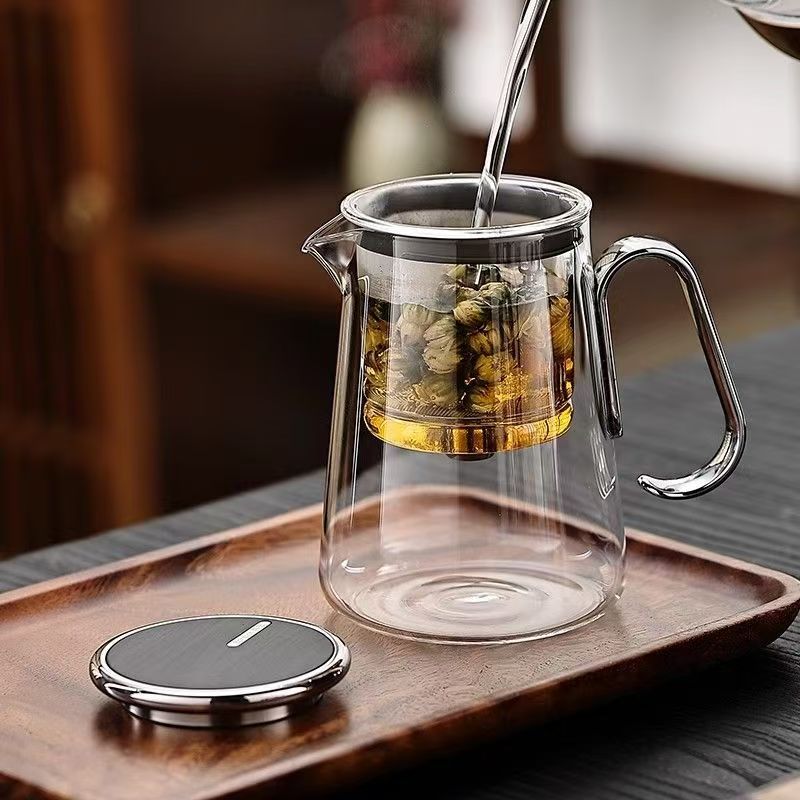 Luxury Smoky Glass Gongfu Teapot Set, Magnetic Tea Infuser with 4 Cups & Tray for Home & Office