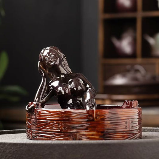 Handmade Glazed Ceramic Ashtray with Lady Sculpture, Unique Tabletop Ornament