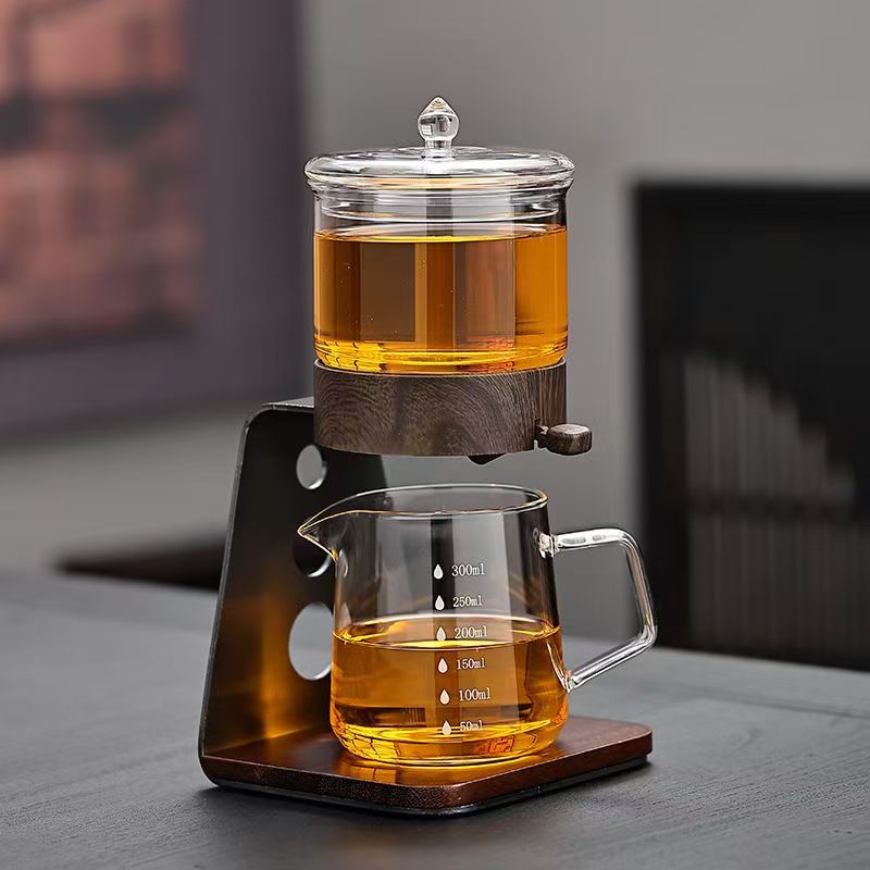 Magnetic Gravity Glass Teapot Set, Manual Drip Coffee & Tea Brewer with Wooden Stand, Borosilicate Glass Tea Separation Pot