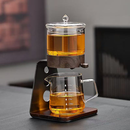 Magnetic Gravity Glass Teapot Set, Manual Drip Coffee & Tea Brewer with Wooden Stand, Borosilicate Glass Tea Separation Pot