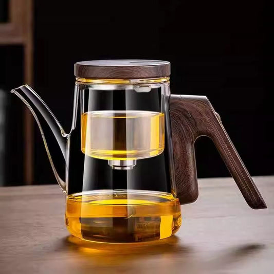 Magnetic Gravity Glass Teapot Set, Manual Drip Coffee & Tea Brewer with Wooden Stand, Borosilicate Glass Tea Separation Pot