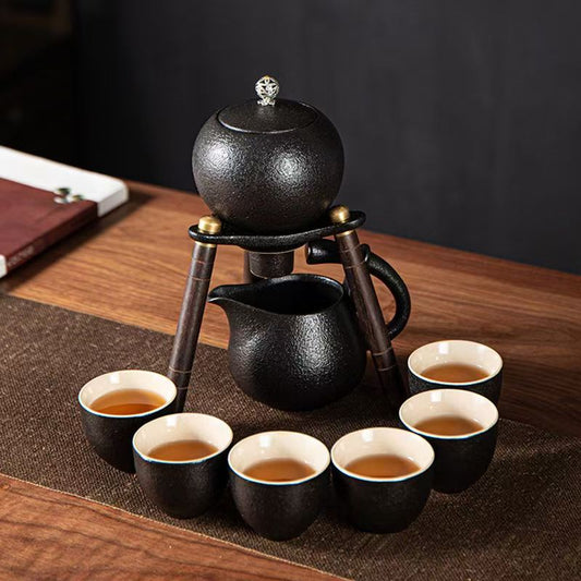Handmade Black Pottery Semi-automatic Tea Set, Magnetic Lazy Gongfu Tea Maker with 6 Cups