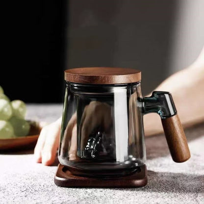 Smoky Gray Glass Tea Mug with Wooden Handle, Borosilicate Glass Tea Infuser Cup with Lid & Coaster, Heat-Resistant Loose Leaf Tea Cup