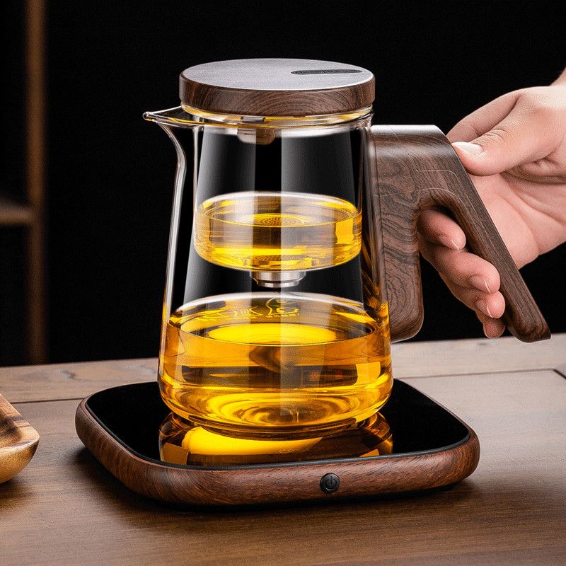Magnetic Gravity Glass Teapot Set, Manual Drip Coffee & Tea Brewer with Wooden Stand, Borosilicate Glass Tea Separation Pot