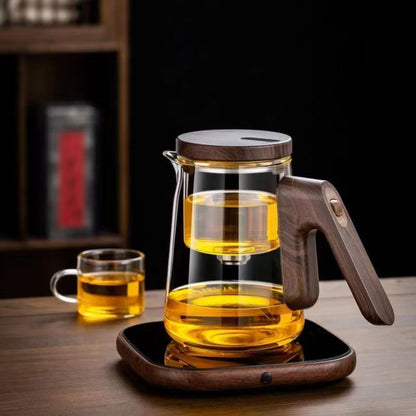Magnetic Gravity Glass Teapot Set, Manual Drip Coffee & Tea Brewer with Wooden Stand, Borosilicate Glass Tea Separation Pot