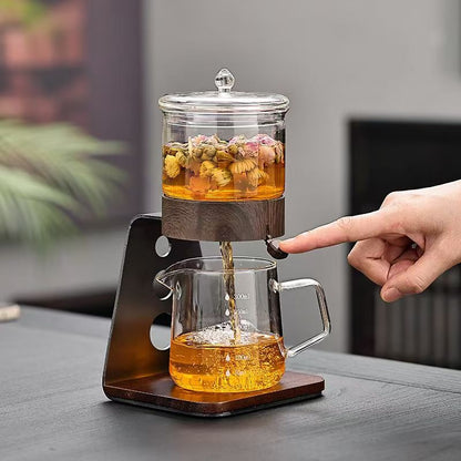 Magnetic Gravity Glass Teapot Set, Manual Drip Coffee & Tea Brewer with Wooden Stand, Borosilicate Glass Tea Separation Pot