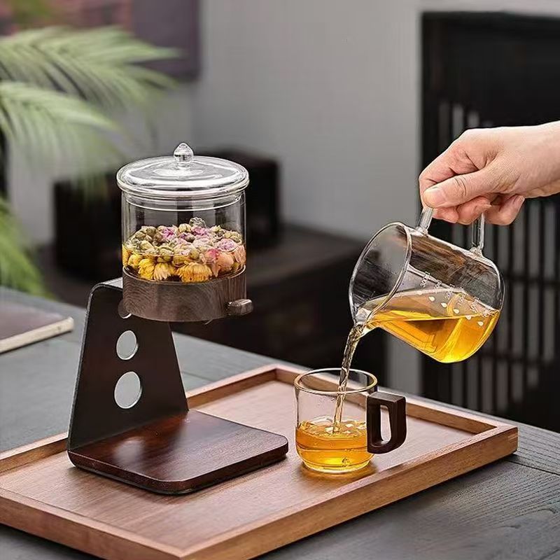 Magnetic Gravity Glass Teapot Set, Manual Drip Coffee & Tea Brewer with Wooden Stand, Borosilicate Glass Tea Separation Pot