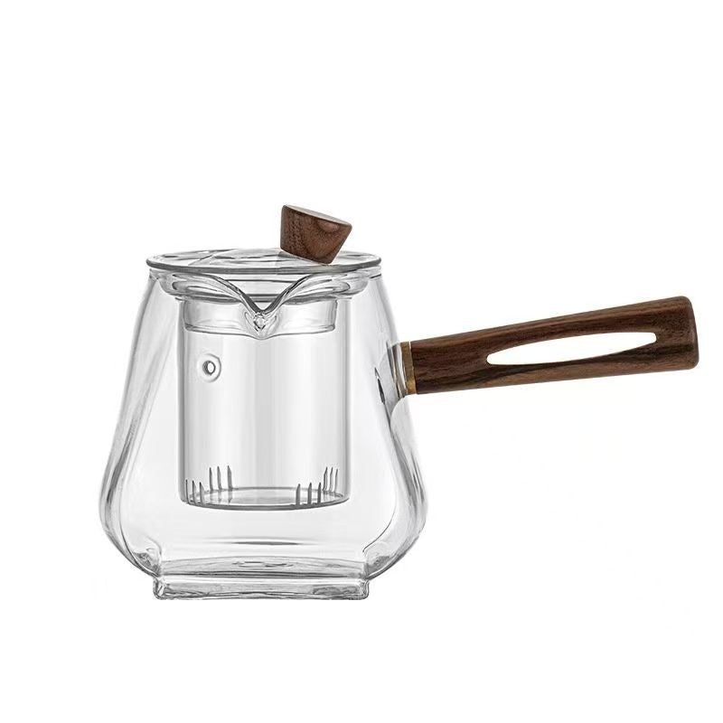 Smoky Gray Glass Side-Handle Teapot, Borosilicate Glass Tea Infuser with Wooden Handle, Heat-Resistant Loose Leaf Tea Pot