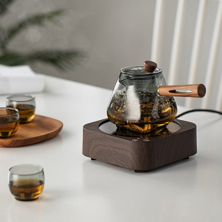 Smoky Gray Glass Side-Handle Teapot, Borosilicate Glass Tea Infuser with Wooden Handle, Heat-Resistant Loose Leaf Tea Pot