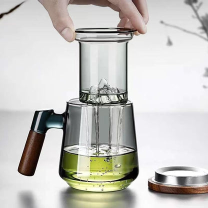 Smoky Gray Glass Tea Mug with Wooden Handle, Borosilicate Glass Tea Infuser Cup with Lid & Coaster, Heat-Resistant Loose Leaf Tea Cup
