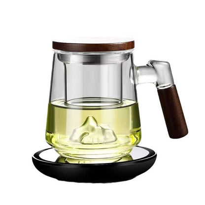 Smoky Gray Glass Tea Mug with Wooden Handle, Borosilicate Glass Tea Infuser Cup with Lid & Coaster, Heat-Resistant Loose Leaf Tea Cup