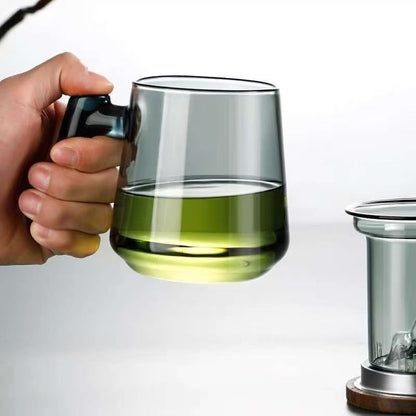Smoky Gray Glass Tea Mug with Wooden Handle, Borosilicate Glass Tea Infuser Cup with Lid & Coaster, Heat-Resistant Loose Leaf Tea Cup