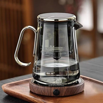 Luxury Smoky Glass Gongfu Teapot Set, Magnetic Tea Infuser with 4 Cups & Tray for Home & Office