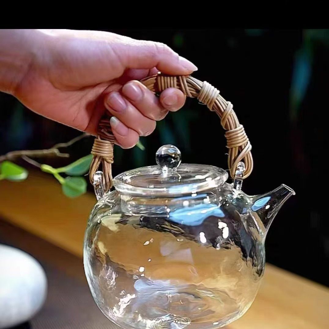 Rattan Wrapped Glass Teakettle, Traditional Chinese Tea Pot for Home & Office