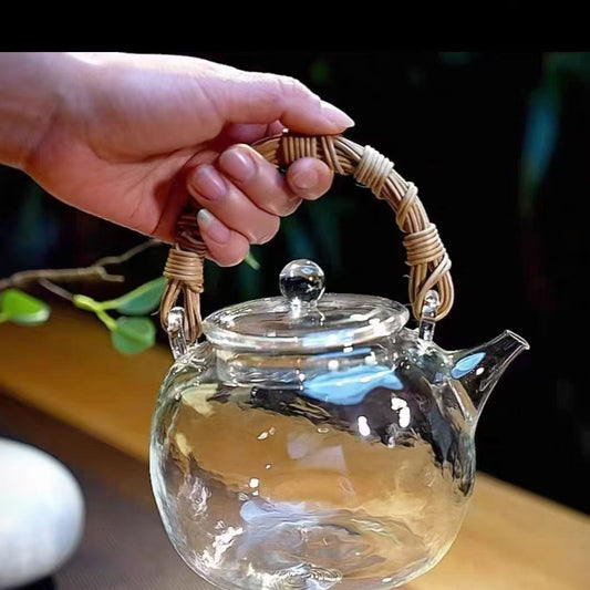 Rattan Wrapped Glass Teakettle, Traditional Chinese Tea Pot for Home & Office