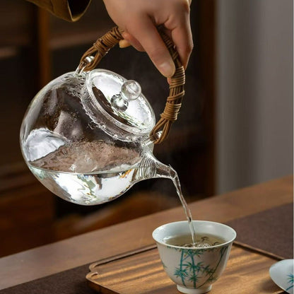 Rattan Wrapped Glass Teakettle, Traditional Chinese Tea Pot for Home & Office