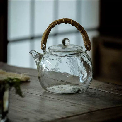 Rattan Wrapped Glass Teakettle, Traditional Chinese Tea Pot for Home & Office
