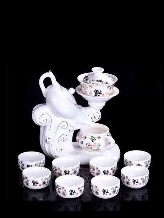Traditional Chinese Automatic Tea Set with "Five Blessings" Pattern, 8 Cups for Home & Gift