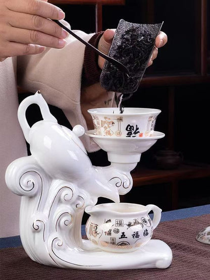 Traditional Chinese Automatic Tea Set with "Five Blessings" Pattern, 8 Cups for Home & Gift