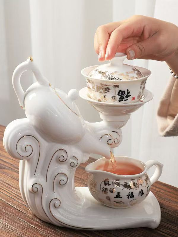 Traditional Chinese Automatic Tea Set with "Five Blessings" Pattern, 8 Cups for Home & Gift