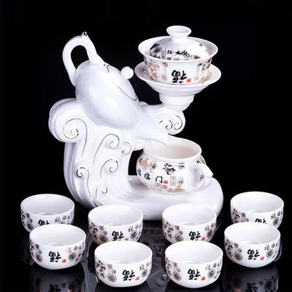 Traditional Chinese Automatic Tea Set with "Five Blessings" Pattern, 8 Cups for Home & Gift