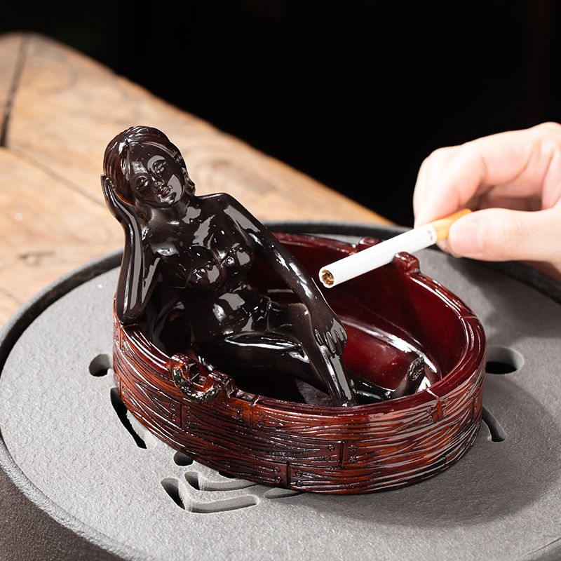 Handmade Glazed Ceramic Ashtray with Lady Sculpture, Unique Tabletop Ornament
