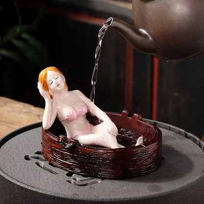 Handmade Glazed Ceramic Ashtray with Lady Sculpture, Unique Tabletop Ornament