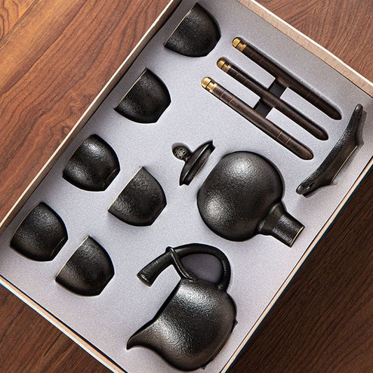 Handmade Black Pottery Semi-automatic Tea Set, Magnetic Lazy Gongfu Tea Maker with 6 Cups