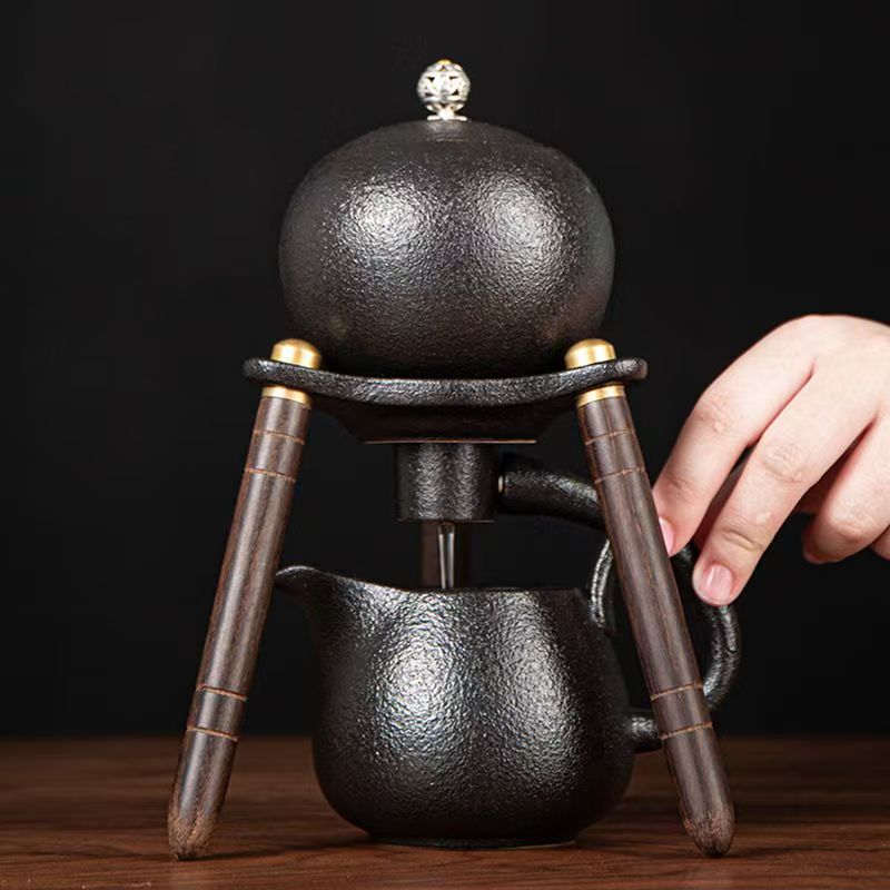 Handmade Black Pottery Semi-automatic Tea Set, Magnetic Lazy Gongfu Tea Maker with 6 Cups