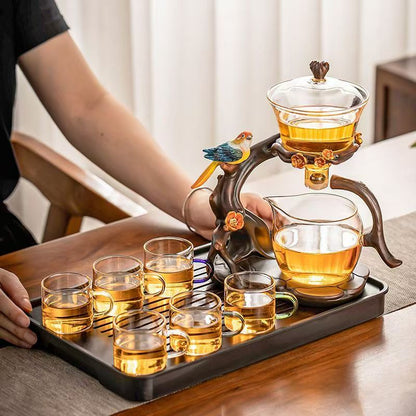 Luxury Handcrafted Automatic Chinese Tea Set with Magpie Sculpture, 6 Cups for Home & Gift