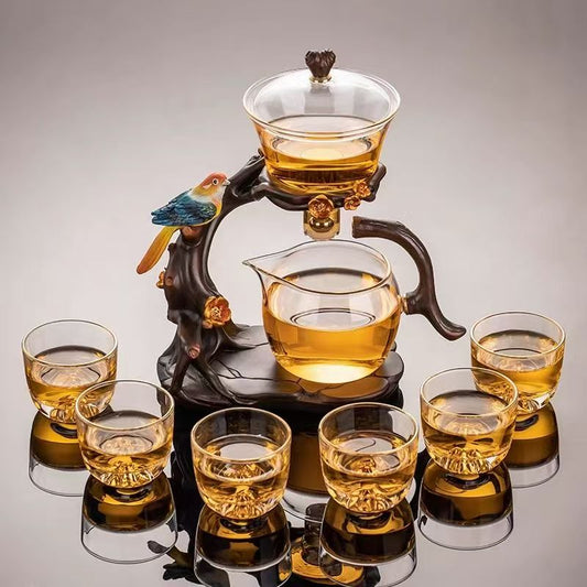 Luxury Handcrafted Automatic Chinese Tea Set with Magpie Sculpture, 6 Cups for Home & Gift