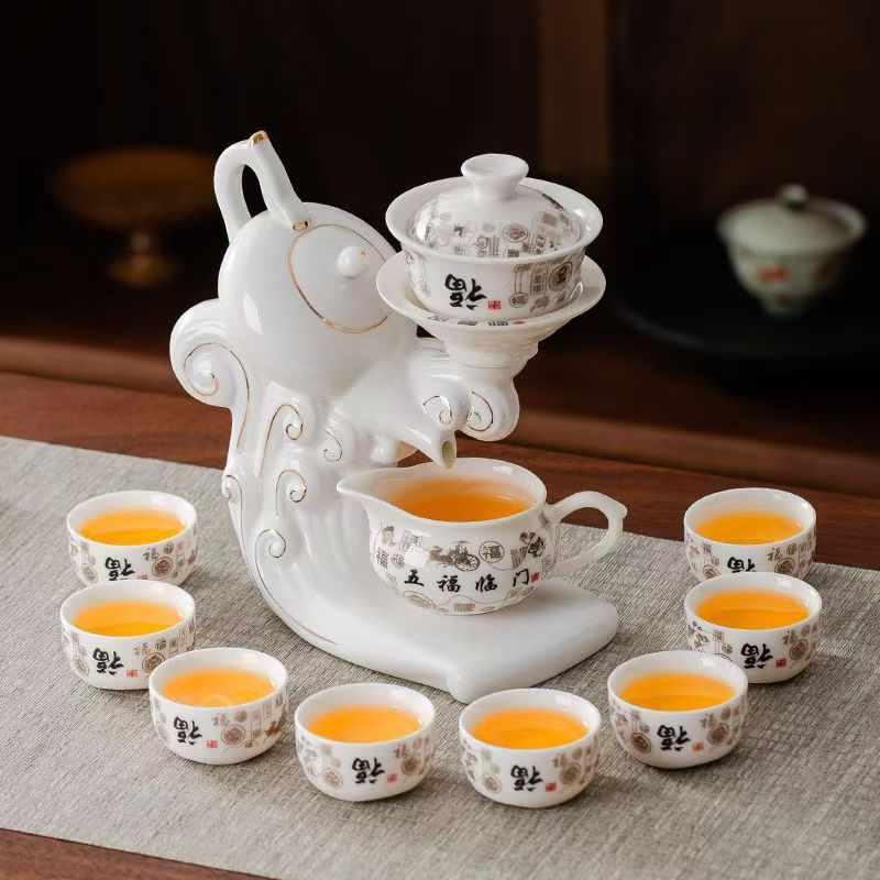Traditional Chinese Automatic Tea Set with "Five Blessings" Pattern, 8 Cups for Home & Gift