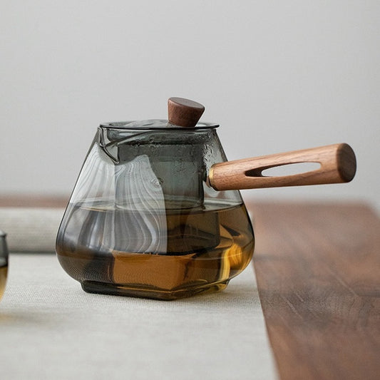 Smoky Gray Glass Side-Handle Teapot, Borosilicate Glass Tea Infuser with Wooden Handle, Heat-Resistant Loose Leaf Tea Pot