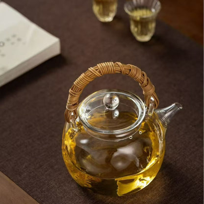 Rattan Wrapped Glass Teakettle, Traditional Chinese Tea Pot for Home & Office