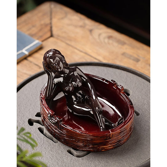 Handmade Glazed Ceramic Ashtray with Lady Sculpture, Unique Tabletop Ornament