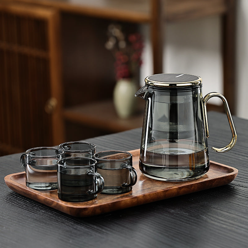 Luxury Smoky Glass Gongfu Teapot Set, Magnetic Tea Infuser with 4 Cups & Tray for Home & Office